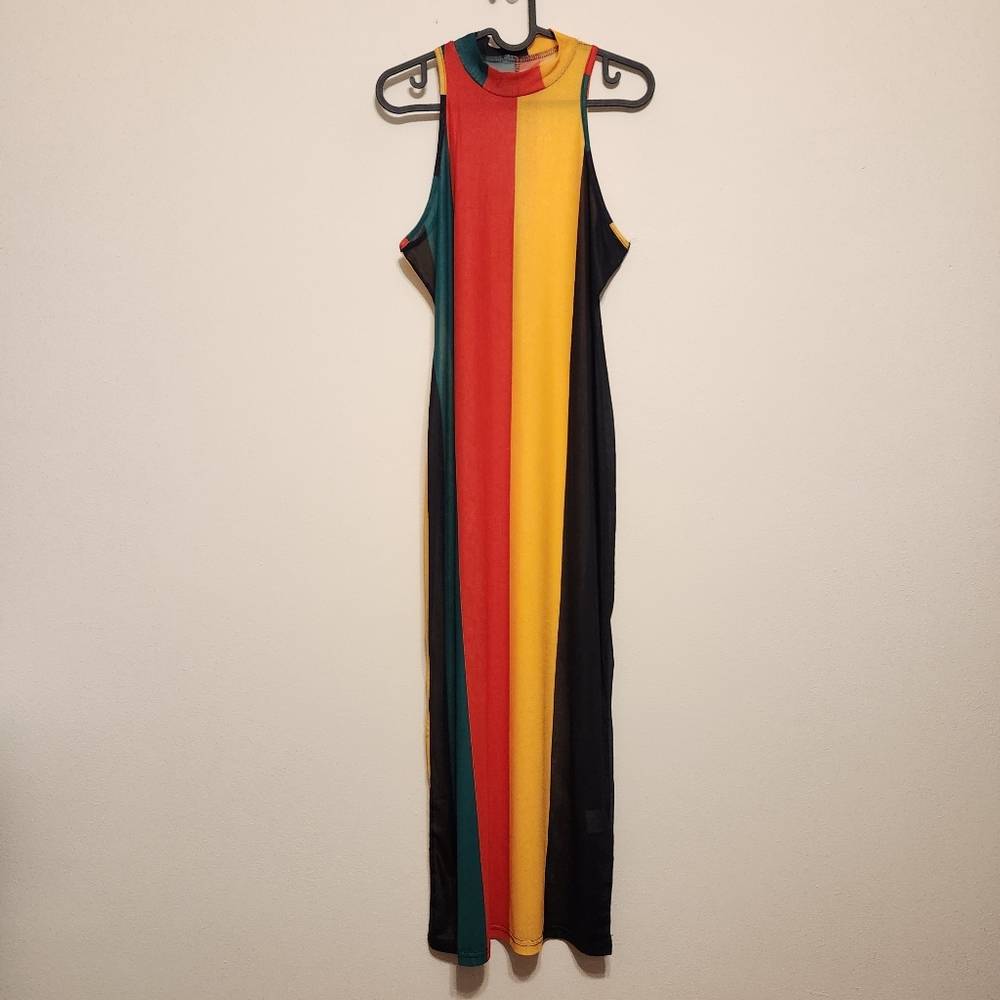 Jamaican Rasta Sheer Mesh Sleeveless Bodycon Midi Dress
